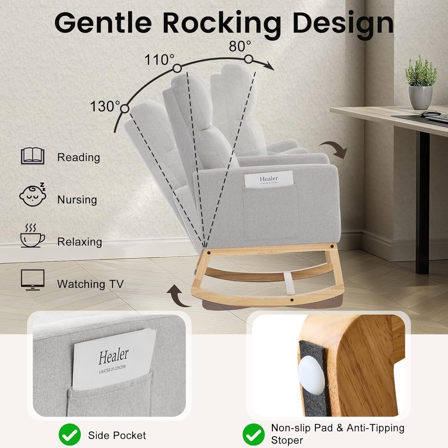 Ergonomic High Back Nursing Rocker with Side Storage & Sturdy Wooden Base