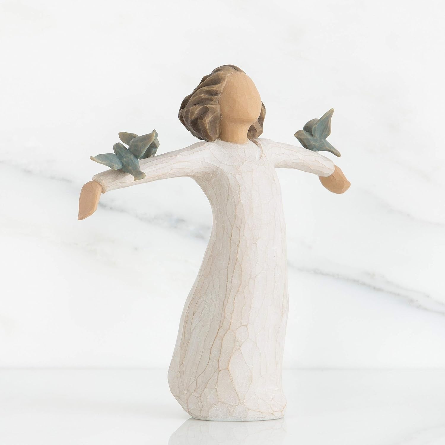 Happiness Figurine with Bluebirds • Hand-Carved Standing Ornament
