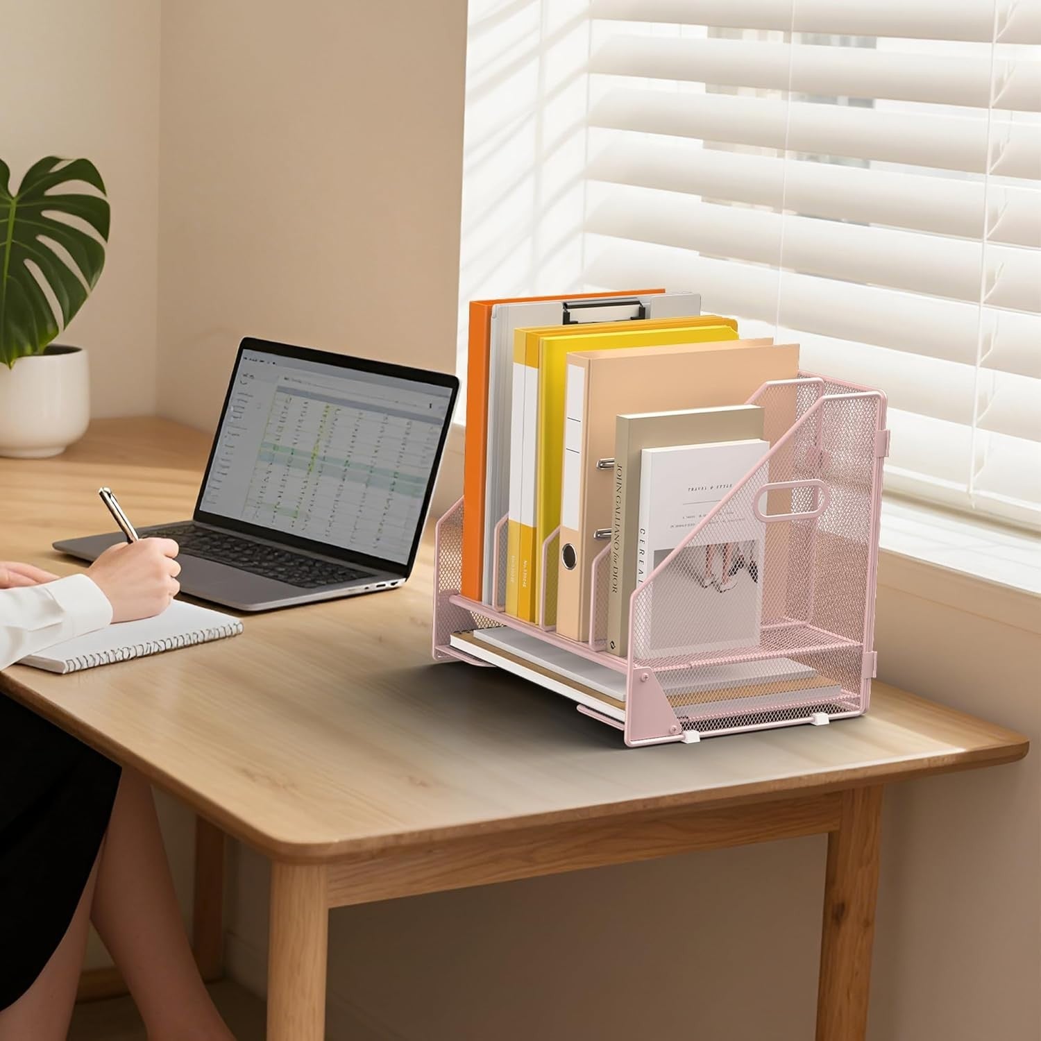 Desk File Organizer with 4 Adjustable Vertical Compartments & Letter Tray – Pink