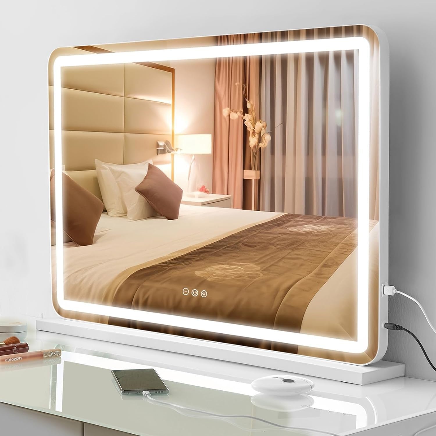 Touchscreen LED Vanity Mirror 55x80cm with USB Port & 10X Magnifier