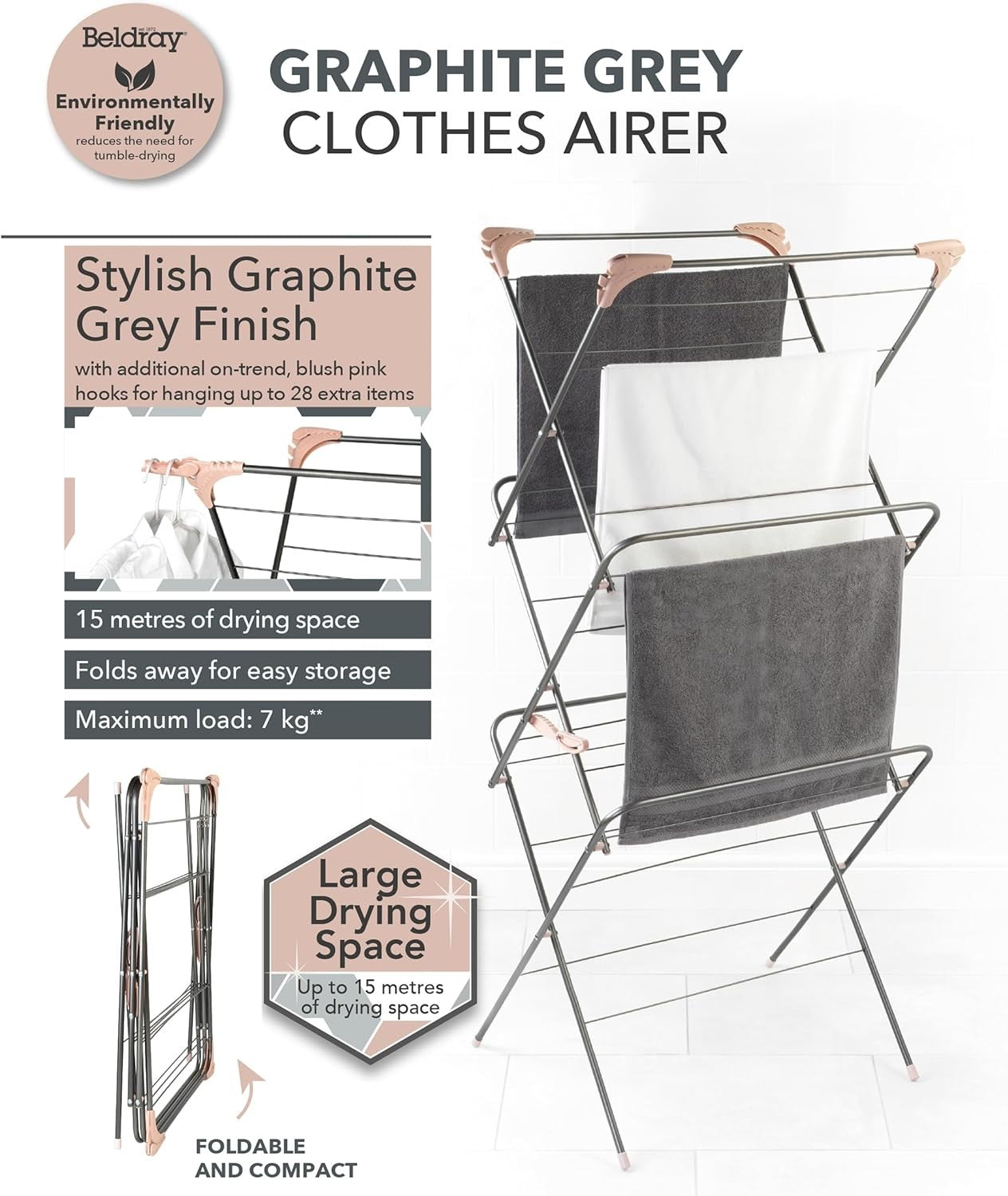 3 Tier Clothes Airer Folding Laundry Drying Rack Compact Indoor Dryer