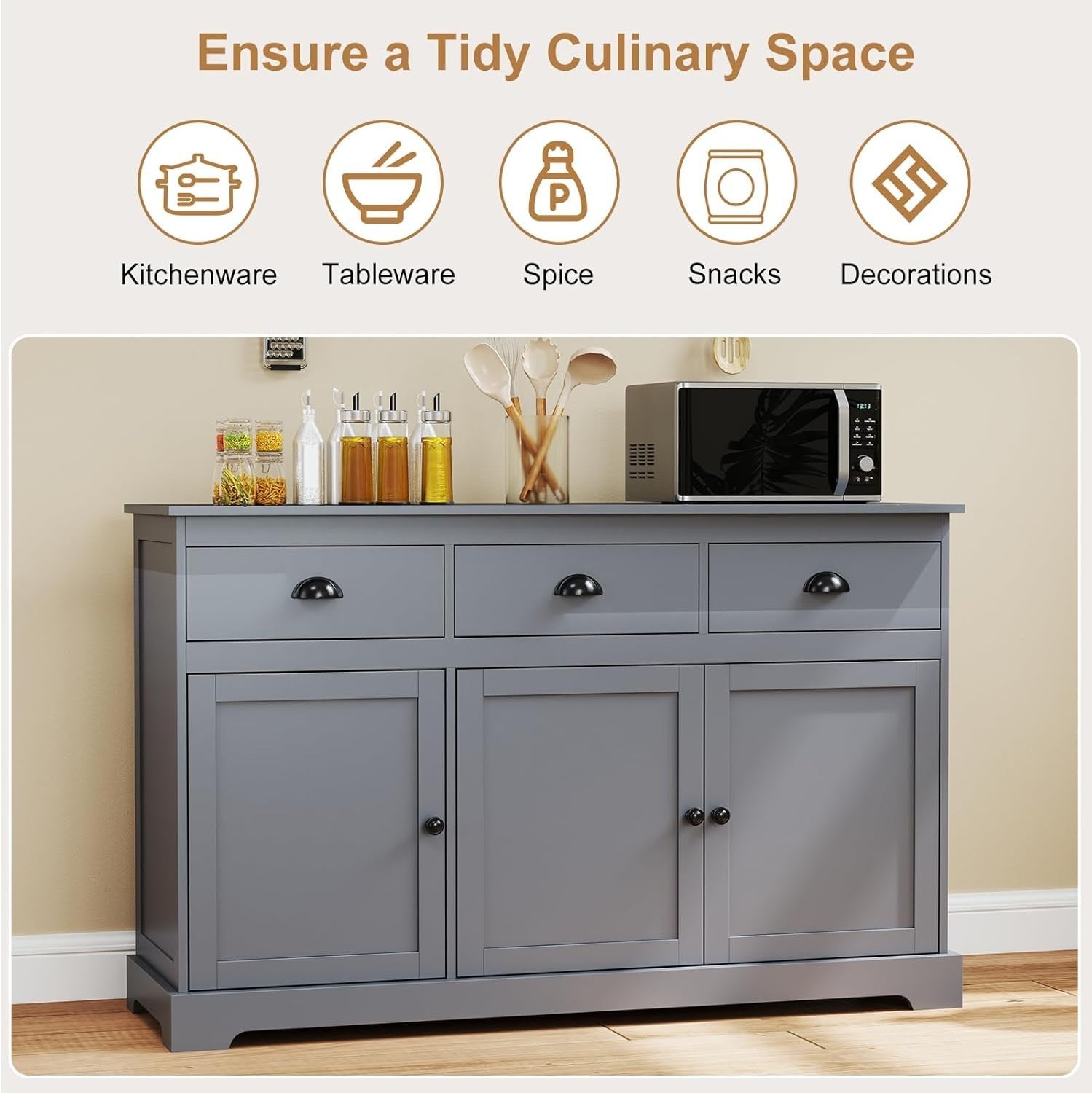 Grey Sideboard Storage Cabinet with Drawers & Adjustable Shelves Unit