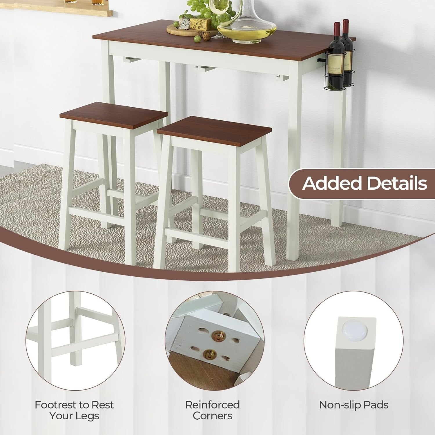 3-Piece Bar Table Set with Stools, Wine Racks & Shelves, Cream White/Walnut