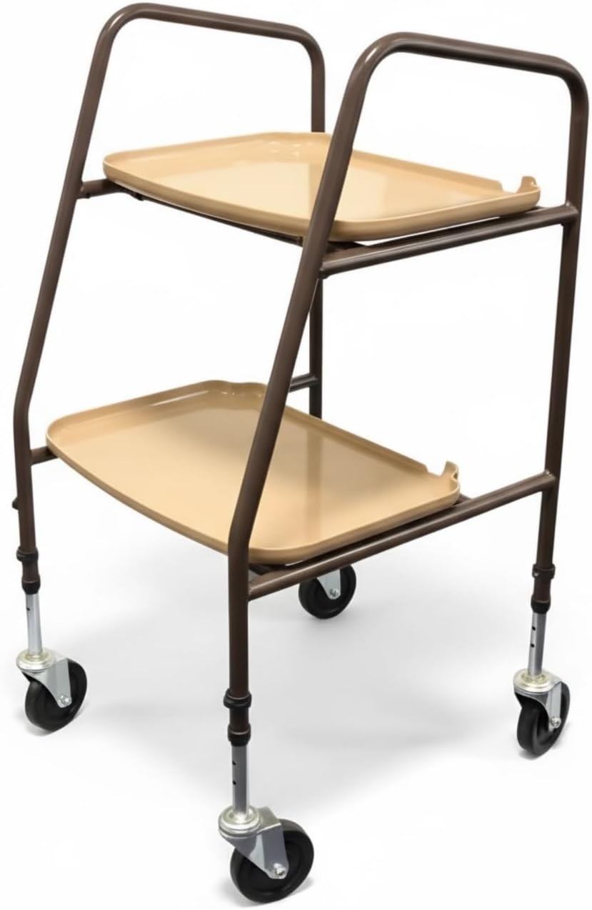 Height Adjustable Mobility Trolley on Wheels Steel Frame Two Removable Trays