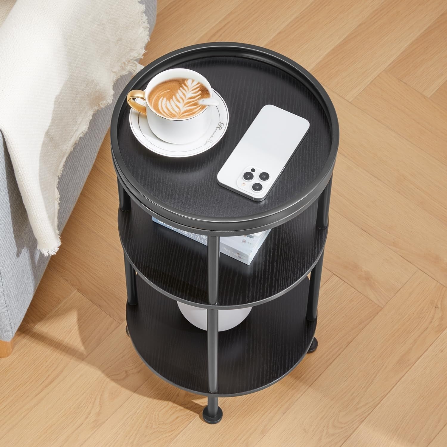 3 Tier Round Side Table with Storage Shelf Metal Frame Small Space 30x55cm