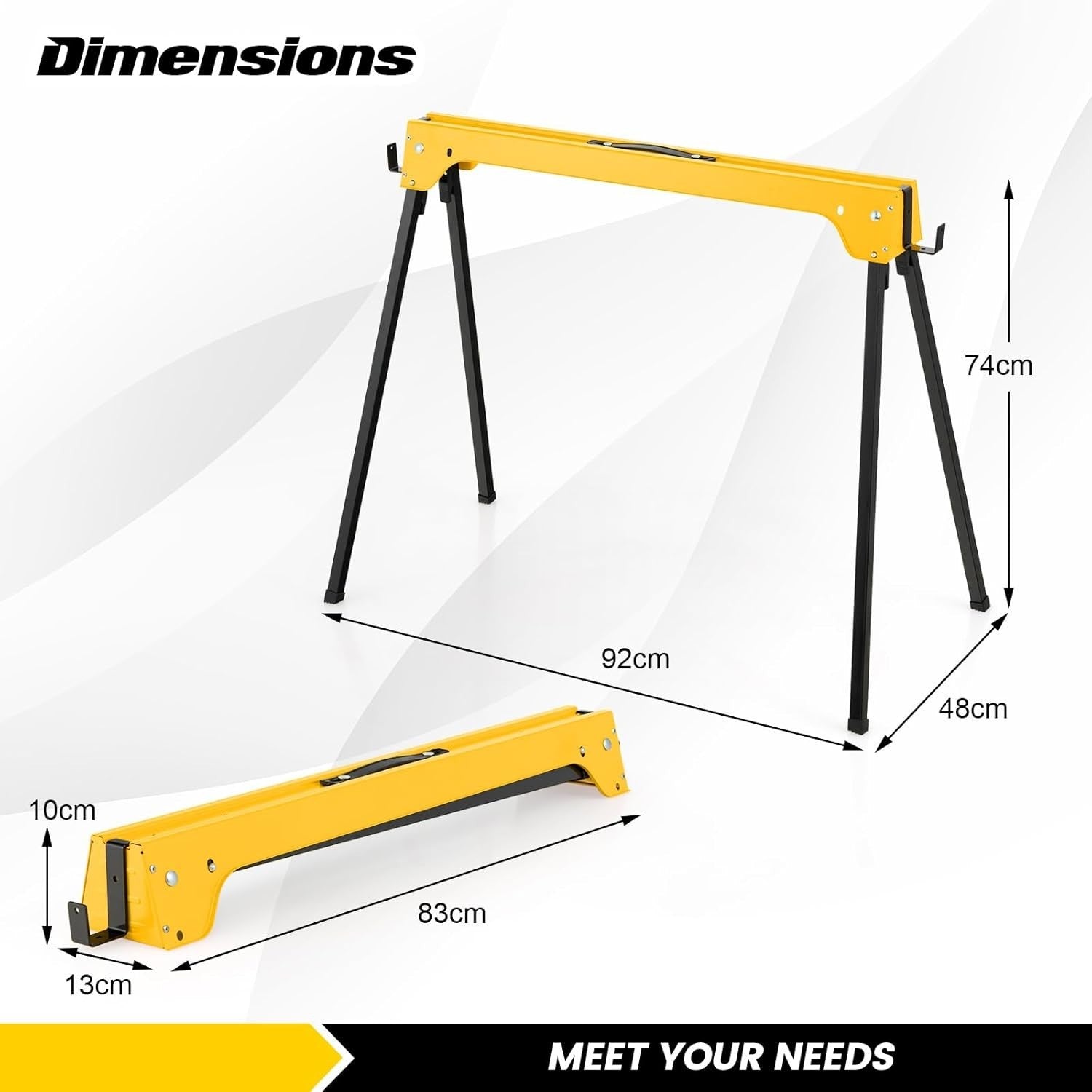 Yellow Folding Sawhorses 2-Pack Steel Trestles 227kg Load w/ Support Arms
