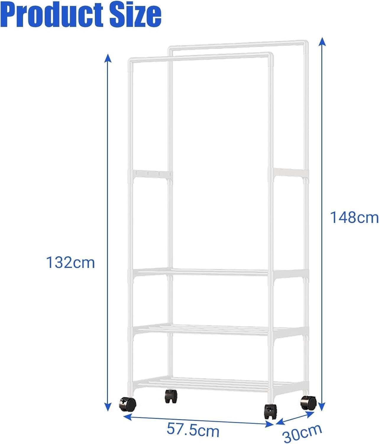 White Metal Double Clothes Rail with Wheels & Shoe Rack