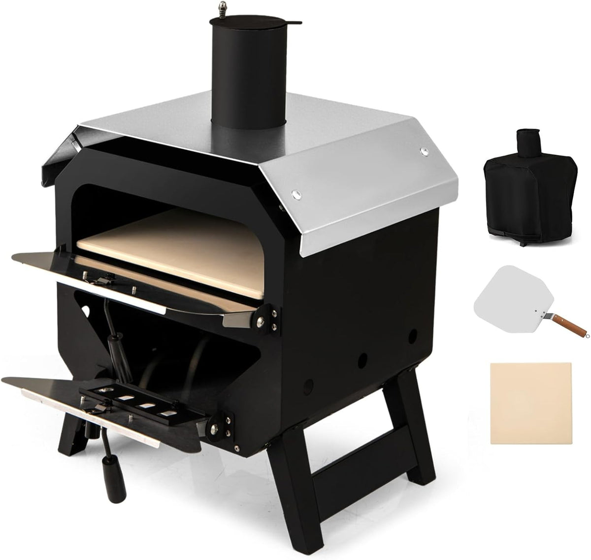 2-Tier Outdoor Wood Fired Pizza Oven BBQ Grill Cooker w Stone Steel Roof 45x61cm