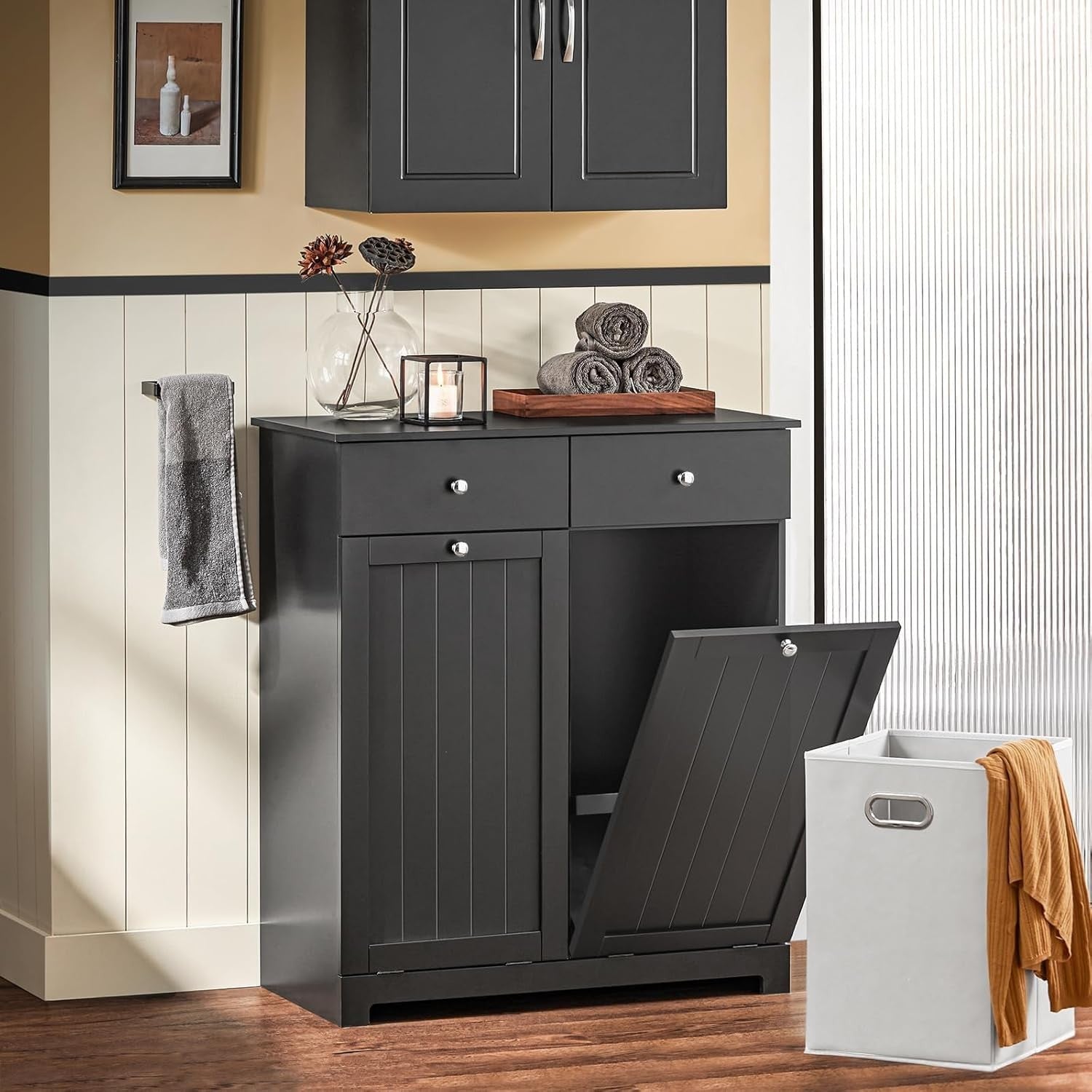 Bathroom Laundry Cabinet Storage Unit with Drawers & Baskets Black Wood