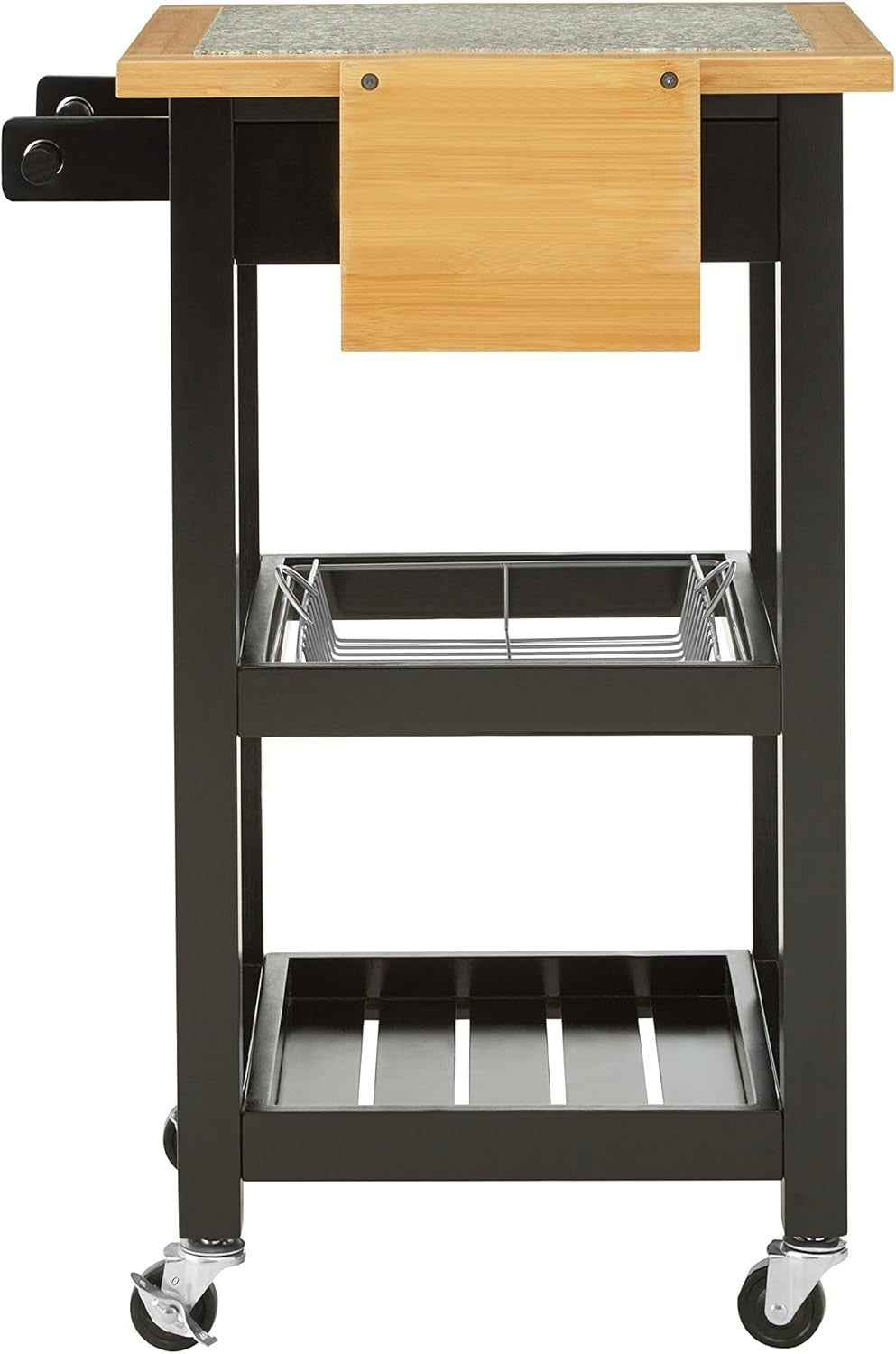Black Kitchen Trolley Granite Top Pine Wood Cart 92cm