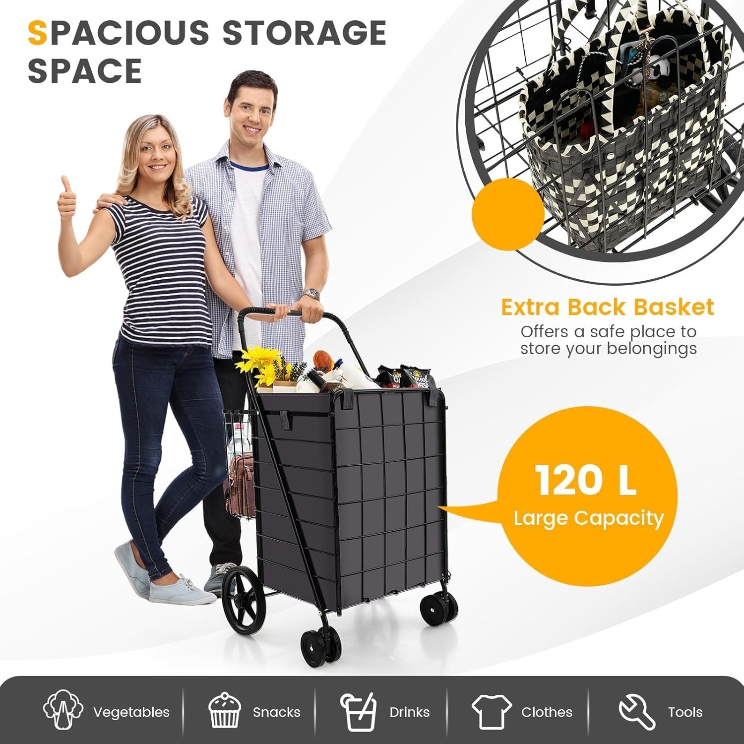 120L Folding Shopping Trolley with 6 Wheels & Removable Liner, Portable Cart