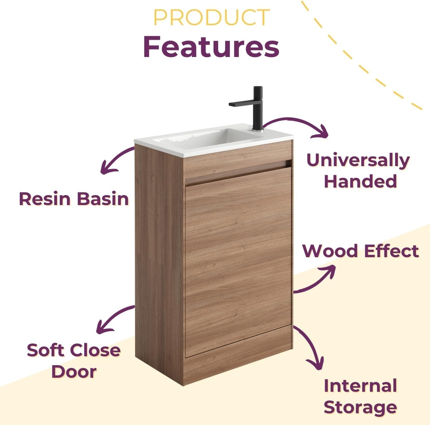 550mm Natural Oak Floor Standing Vanity Unit with Polymarble Basin & Soft Close