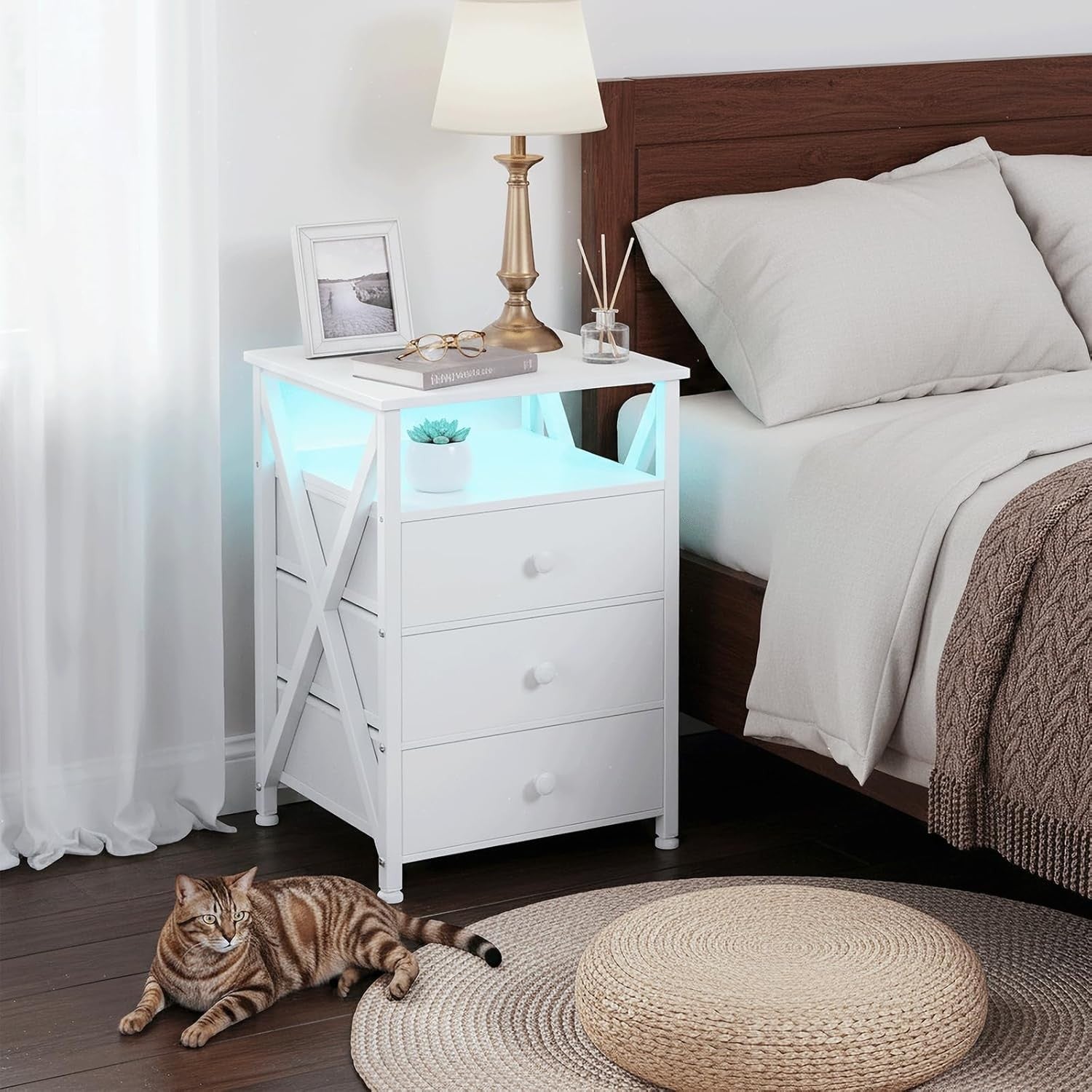 Set of 2 White LED Bedside Tables with Charging Station & 3 Fabric Drawers Moder