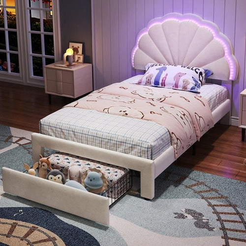 3FT Shell Single Bed with LED Lights & Drawer – Velvet Kids Teen Bed Beige