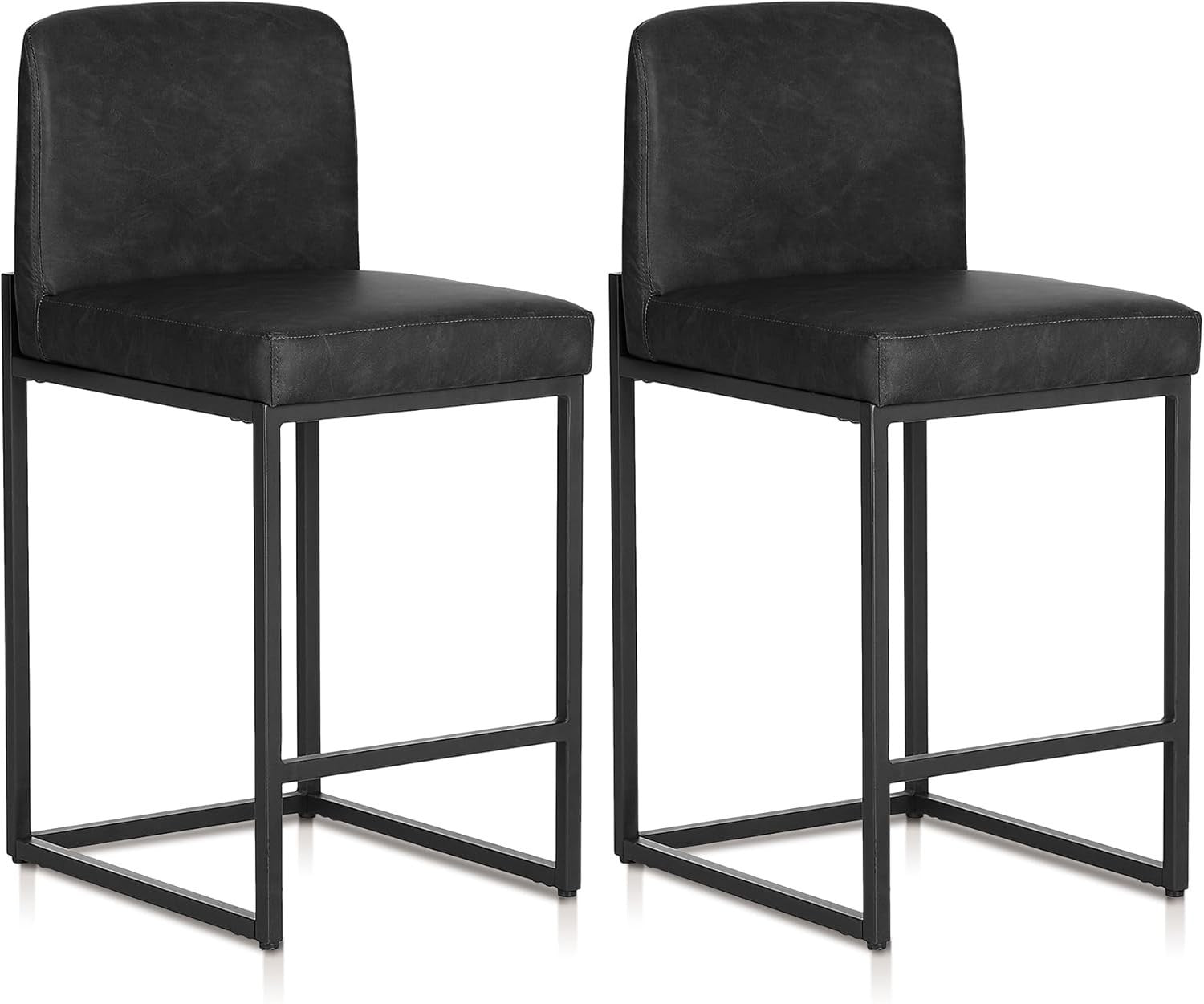 Black PU Leather Bar Stool Set of 2 Square Cushioned Kitchen Counter Chairs