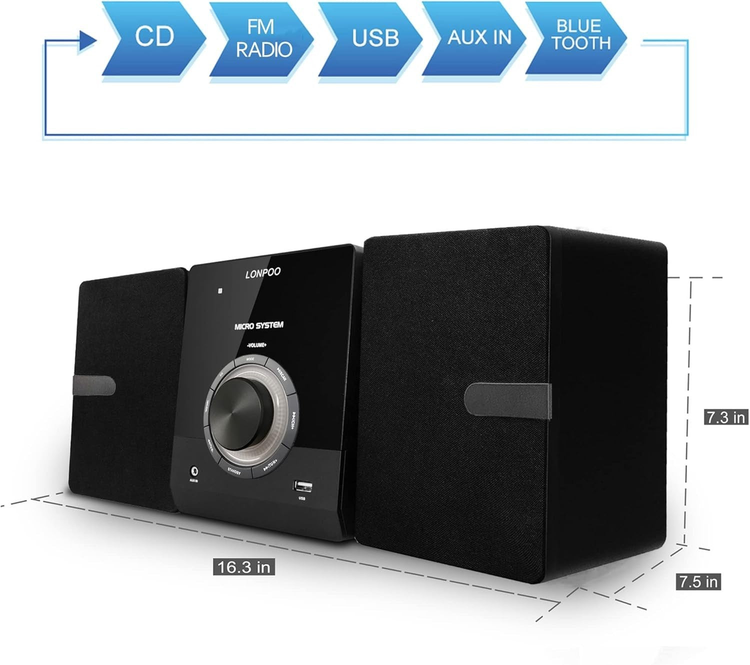 Compact HiFi Stereo System Bluetooth CD Player FM Radio USB AUX 40W Speakers