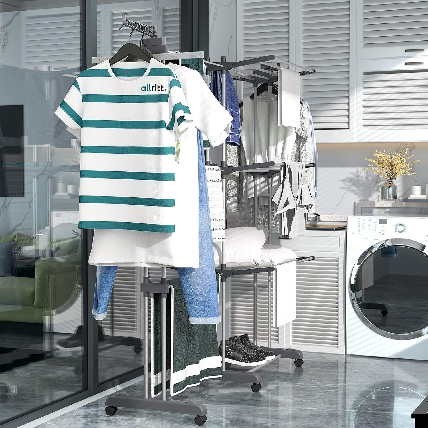 4 Tier Clothes Airer Drying Rack Folding Rolling Large Capacity Indoor Outdoor