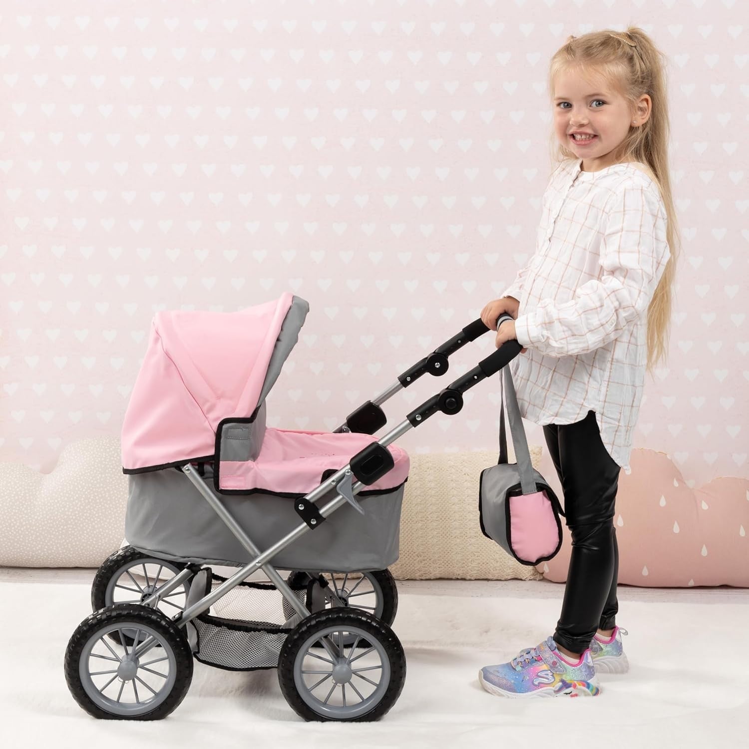 Dolls Pram Foldable Pushchair Adjustable Handle Basket Bag Toy 3+