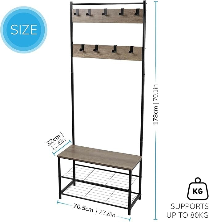 Light Brown Coat Rack with Shoe Storage | Industrial Hall Tree Stand