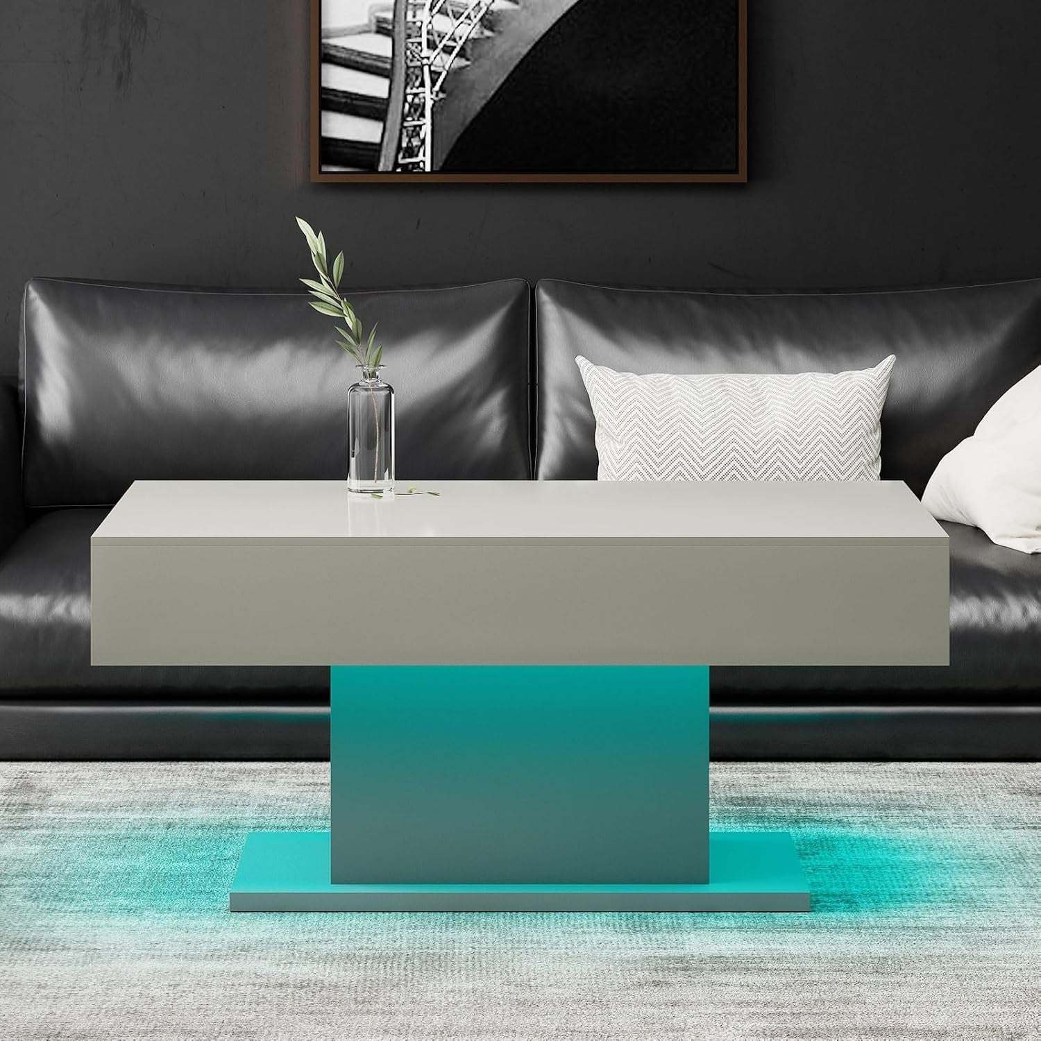 Modern Grey LED Coffee Table, High Gloss Rectangular 110x55cm