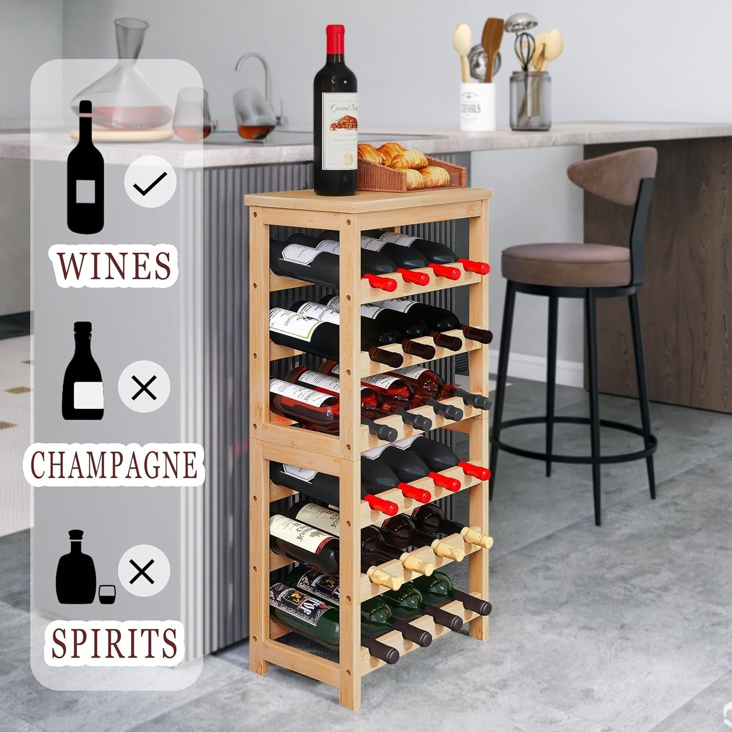 24 Bottle Wine Rack Freestanding 6 Tier Bamboo Storage Shelf