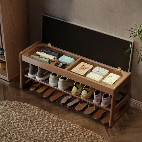Flip-Top Shoe Bench with Cushion | 2-Tier Walnut Entryway Shoe Rack Storage