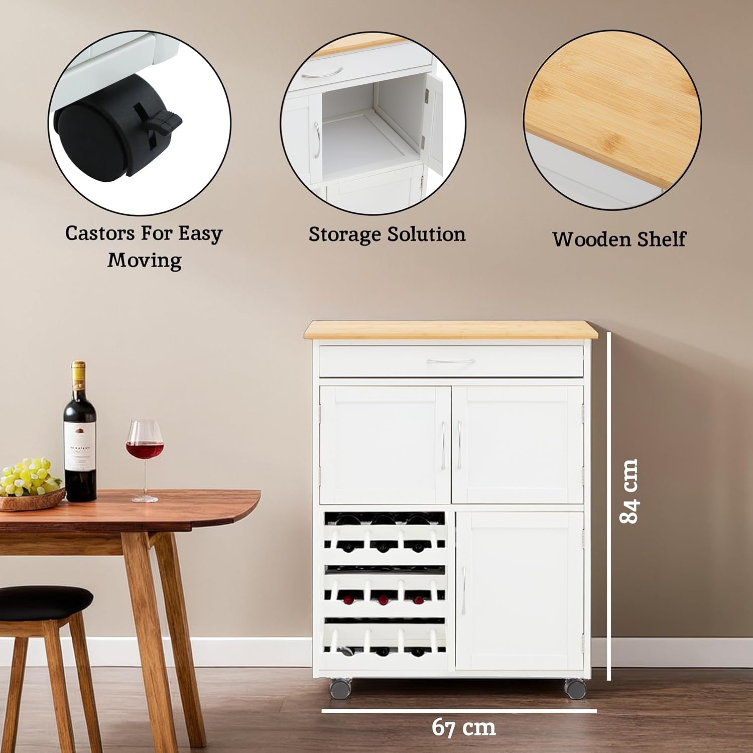 Kitchen Island Trolley on Wheels Bamboo Top Storage Cabinet Drawer Wine Rack