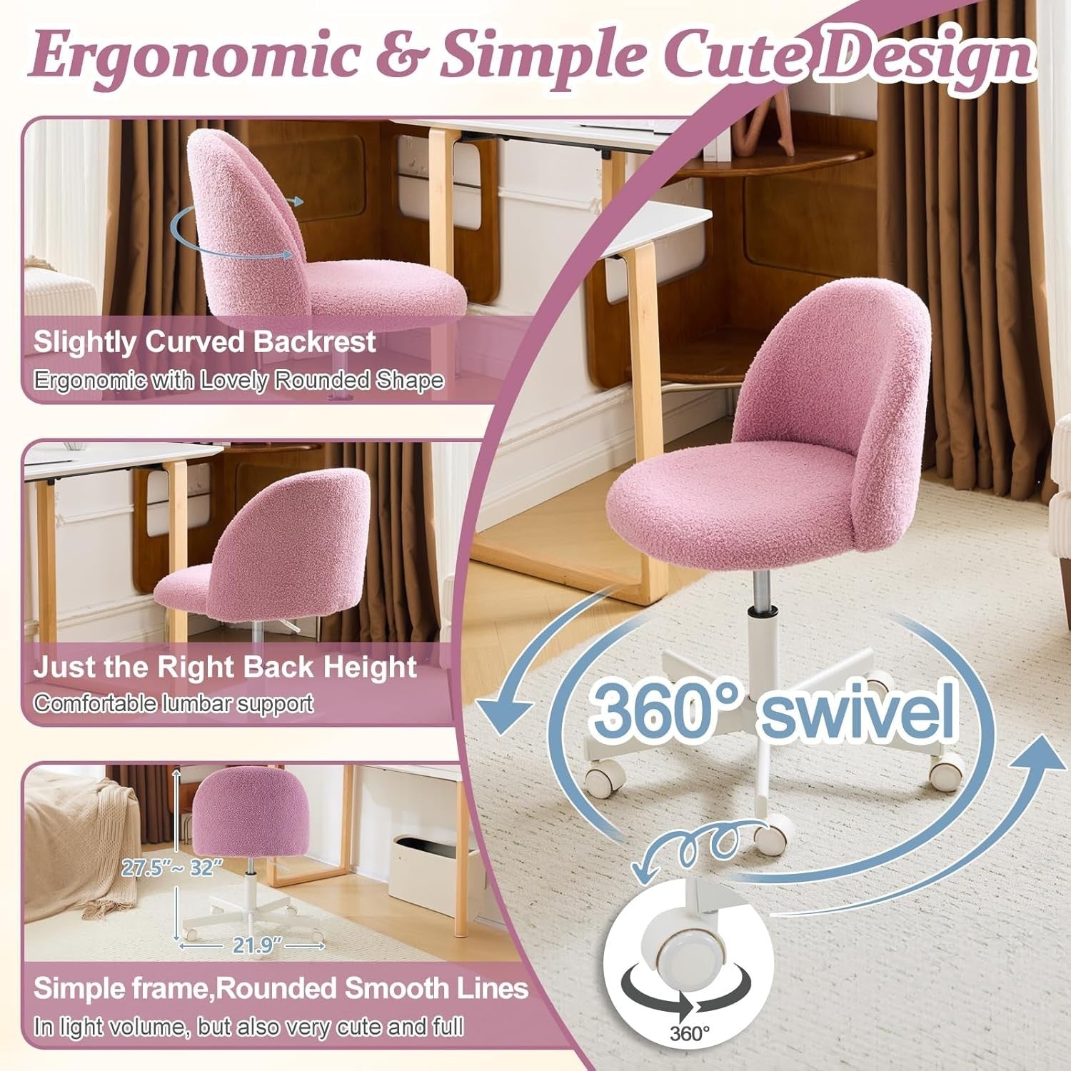 Lilac Purple Teddy Fleece Swivel Desk Chair Small Adjustable Vanity Seat