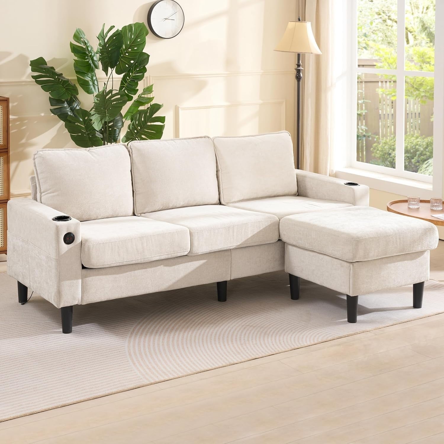 3 Seater L Shaped Sofa Bed USB Cup Holder Storage Compact Modern Beige
