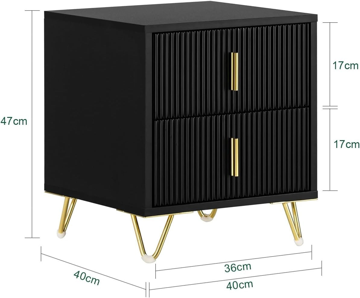 Black Bedside Table with 2 Drawers & Gold Legs – Modern Nightstand