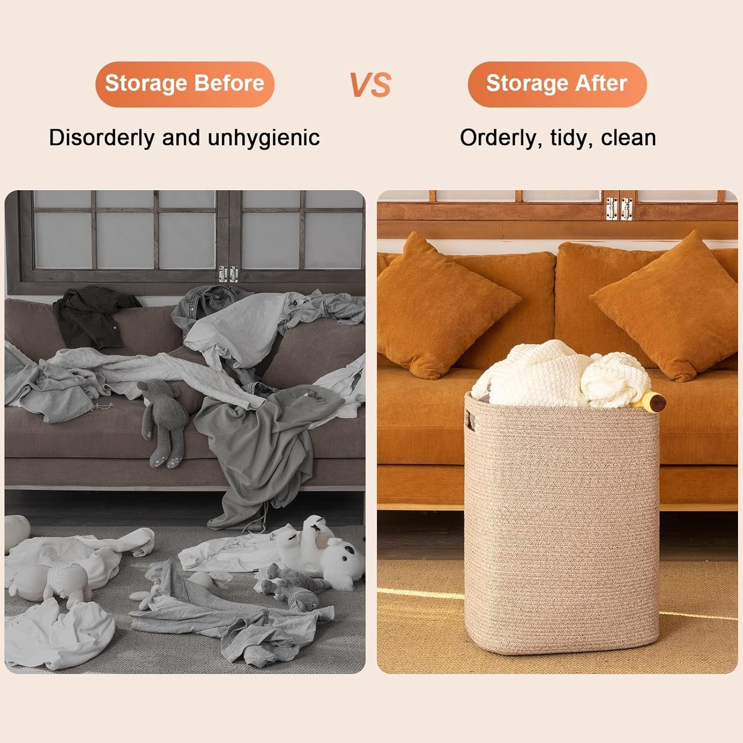 Large Woven Laundry Basket with Handles 16x13x22in Cotton Storage Hamper