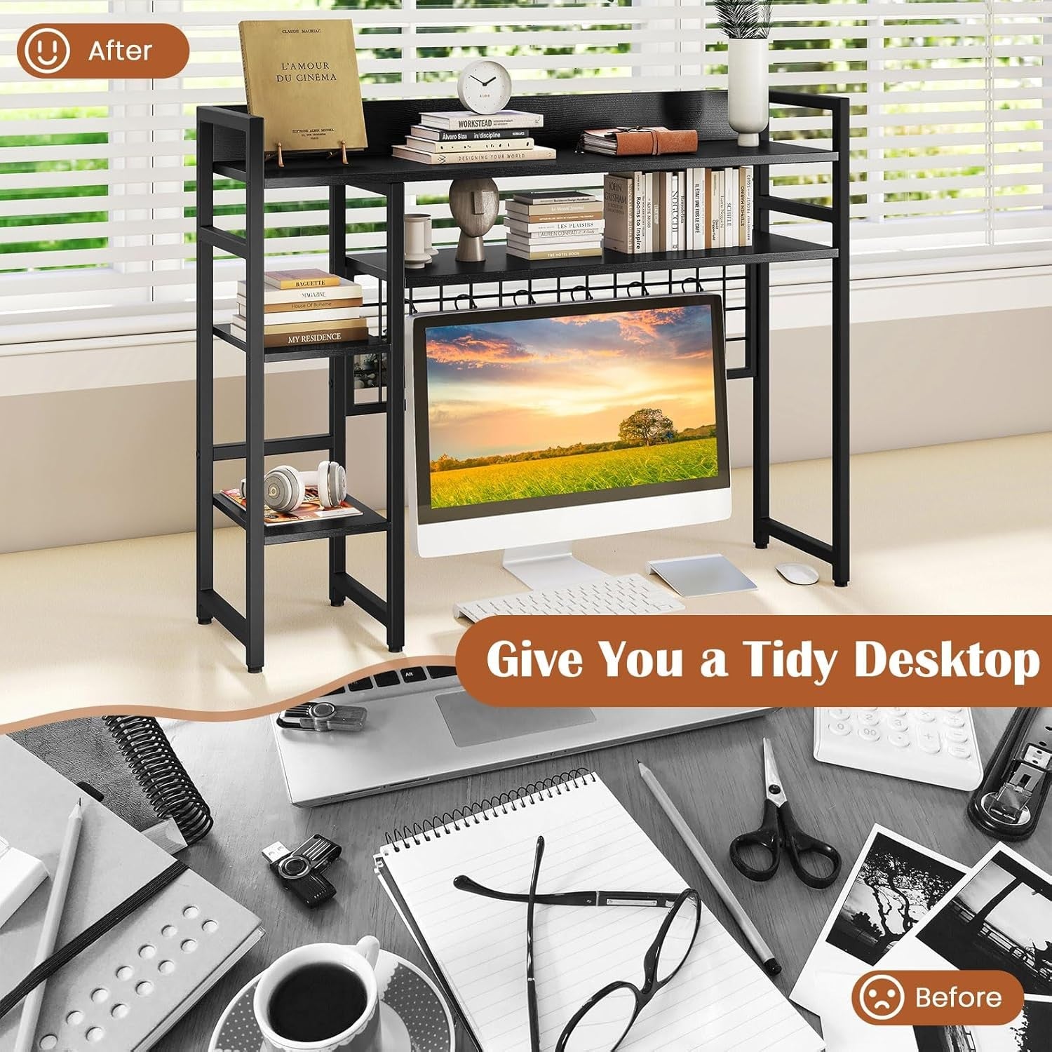 4-Tier Desktop Hutch Bookshelf Monitor Stand with Hooks Office Desk Organizer