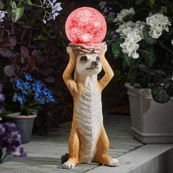Solar LED Meerkat Garden Ornament with Crackle Glass Ball 37cm Resin Outdoor
