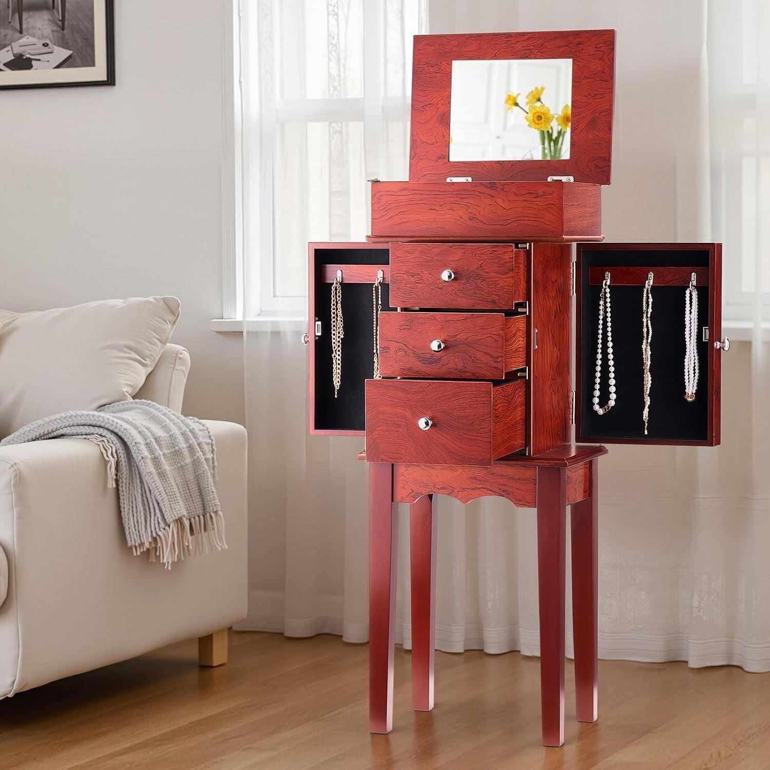 Standing Wood Jewellery Armoire with Drawers Flip Top Mirror Storage