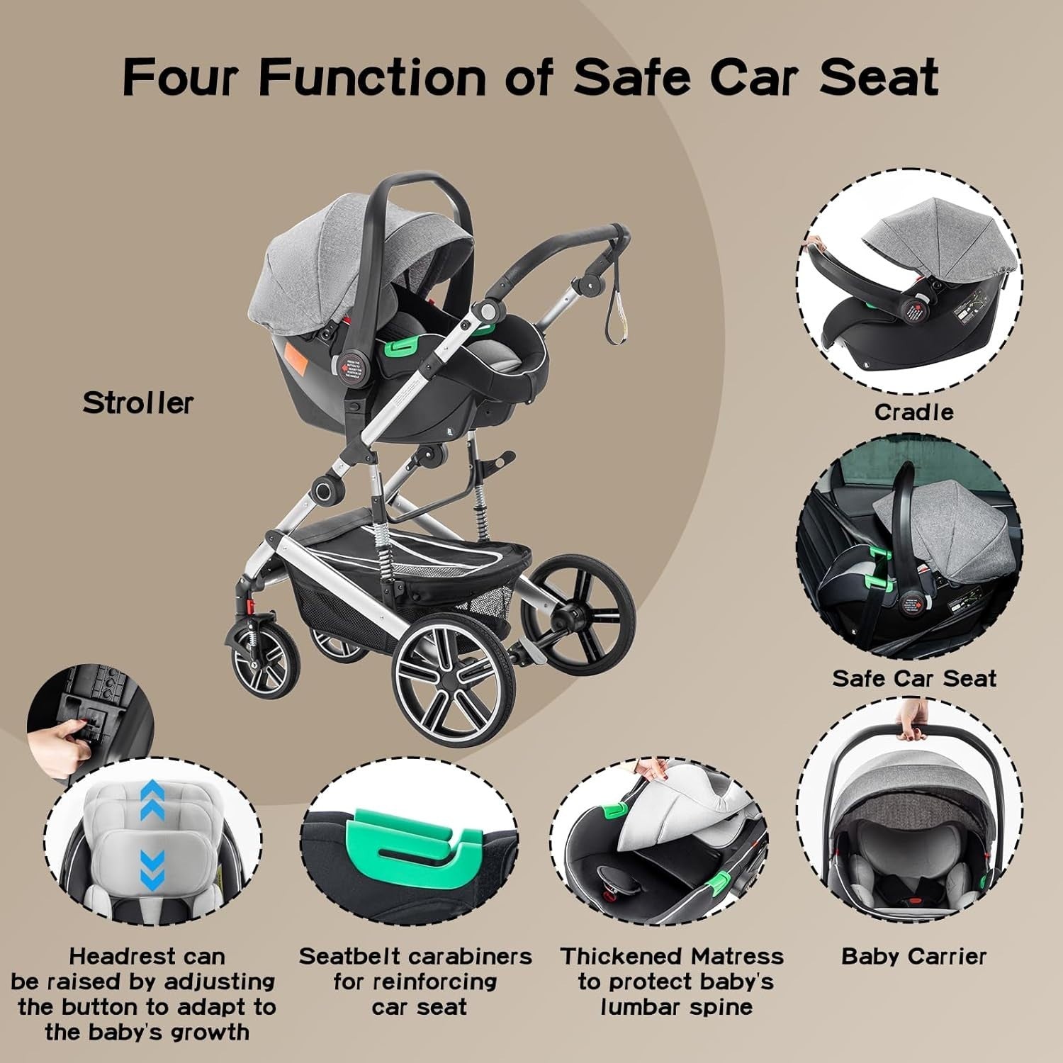 3in1 Baby Travel System Pram Pushchair Car Seat Adjustable Handle