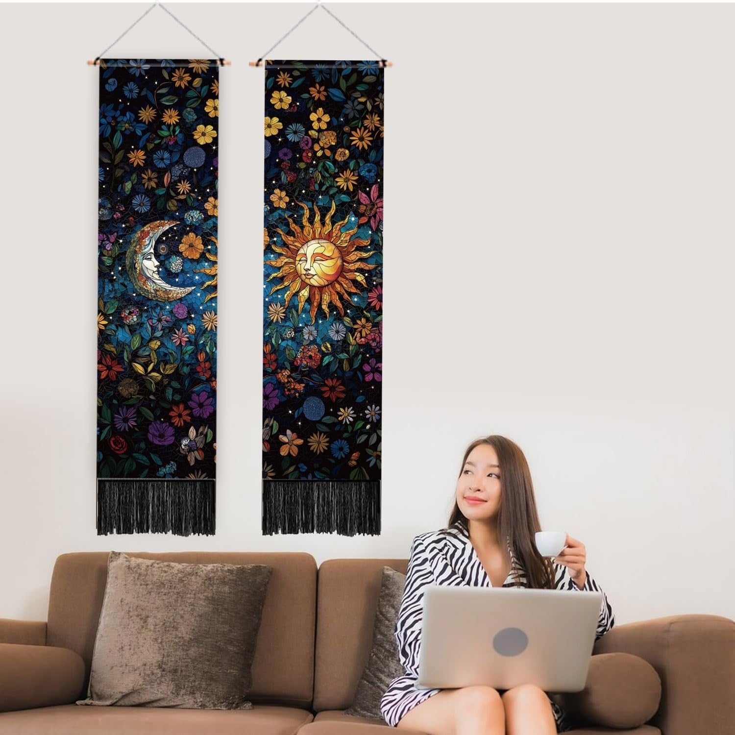 2-Pack Boho Sun & Moon Stained Glass Tapestry 52"x13" Vertical Decor