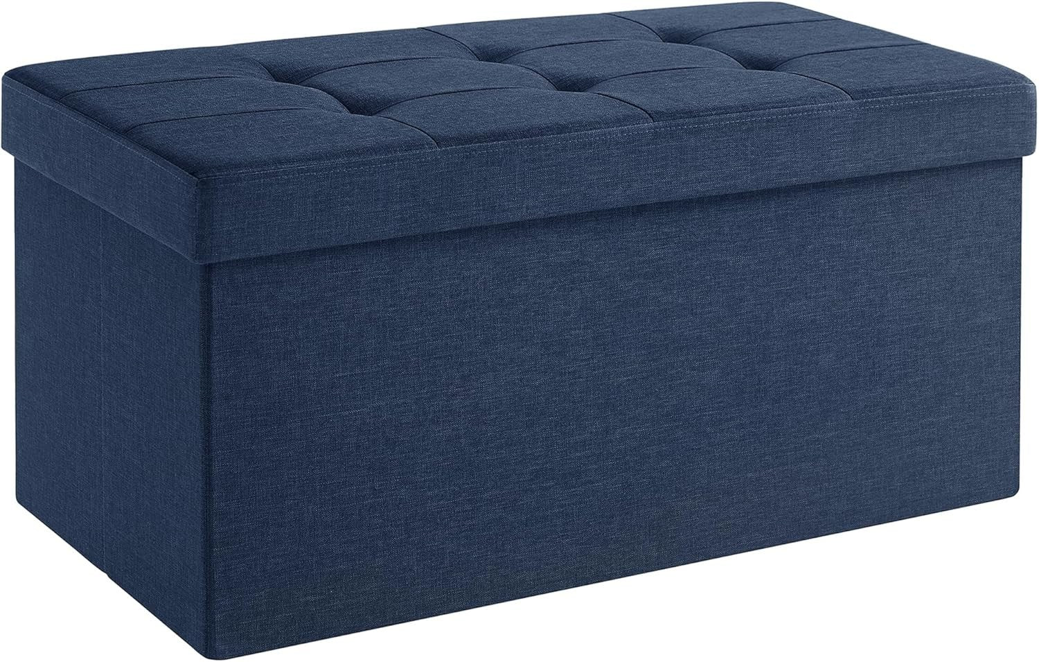 Dark Blue Folding Ottoman Bench 76cm Linen Storage Seat Footstool 89L Box