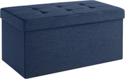 Dark Blue Folding Ottoman Bench 76cm Linen Storage Seat Footstool 89L Box