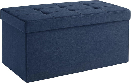 Dark Blue Folding Ottoman Bench 76cm Linen Storage Seat Footstool 89L Box
