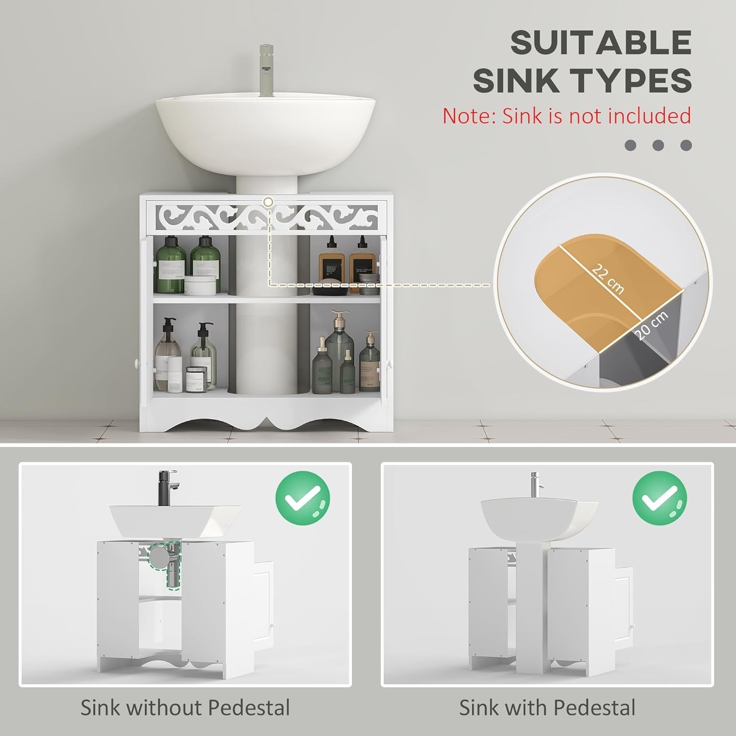 White Under Sink Bathroom Cabinet 2 Door Storage Cupboard Vanity Unit