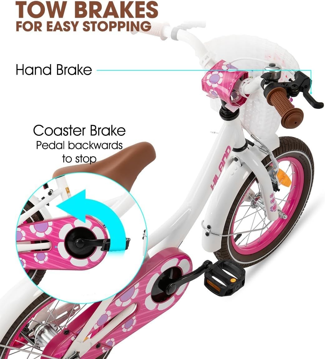 14 Inch Girls Kids Bike with Basket Stabilisers Dual Brakes Age 3-5