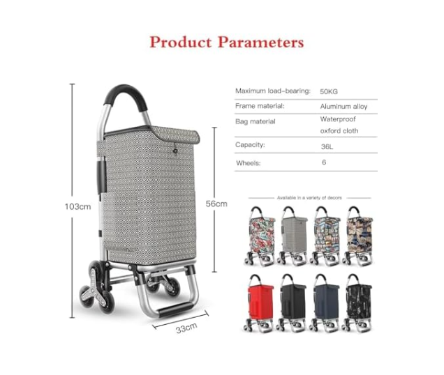 Lightweight Foldable 6-Wheel Stair Climber Shopping Cart Waterproof 36L