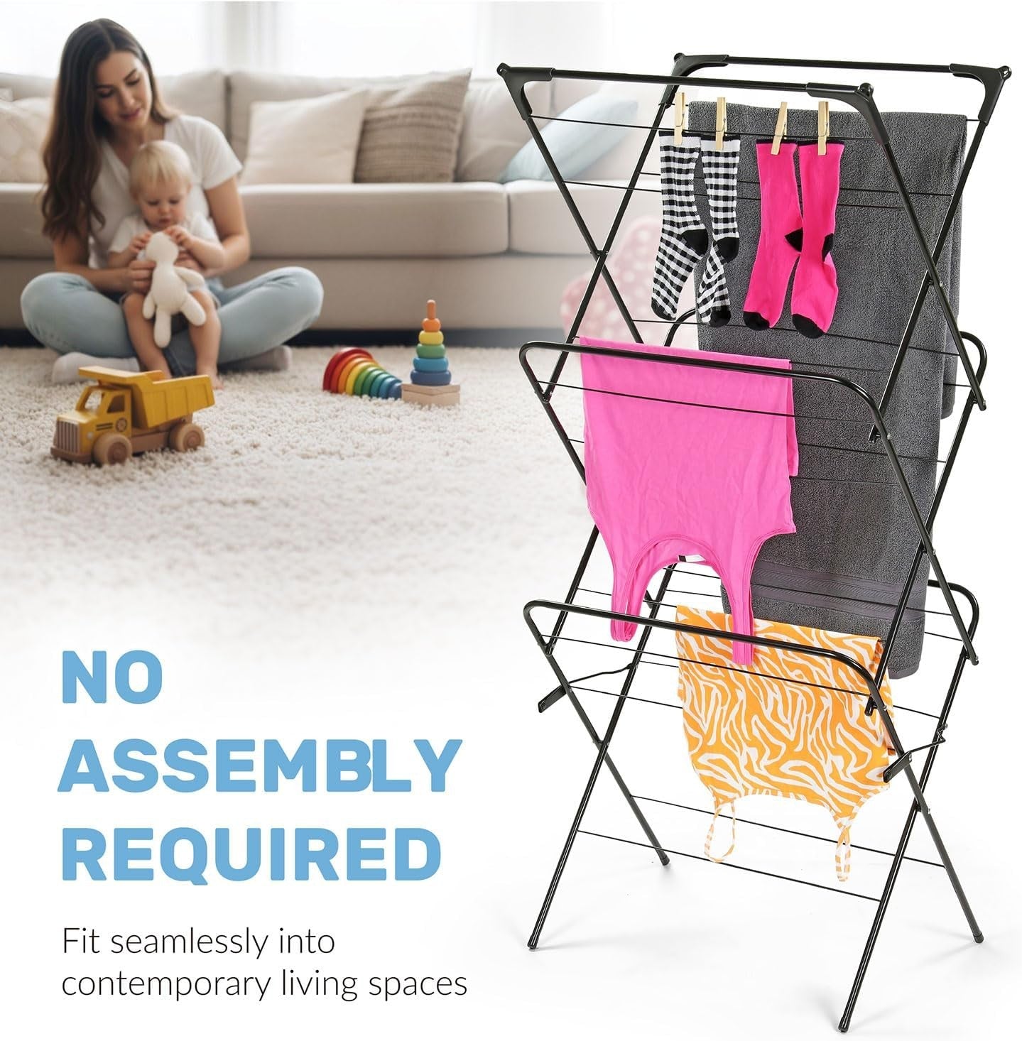 3 Tier Clothes Airer Folding Drying Rack Heavy Duty with Hanger Hooks Indoor