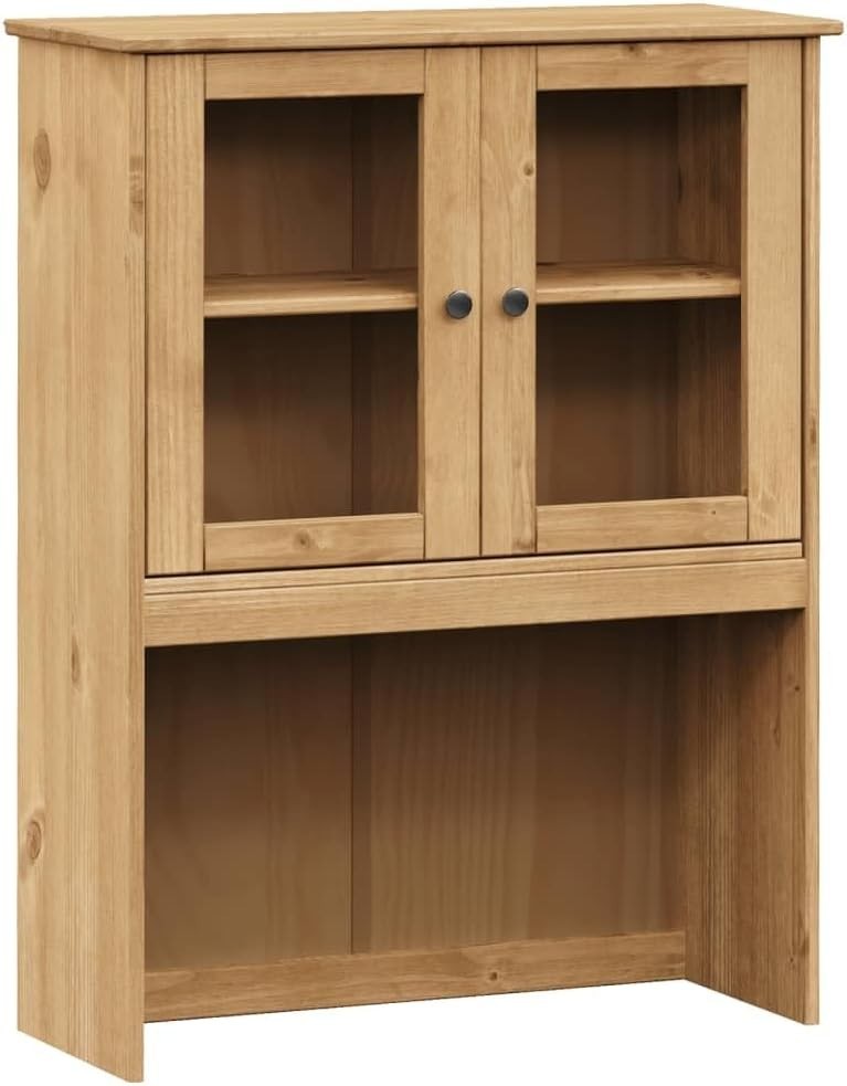 Pine Wood Dresser Top Cabinet 4 Shelves Glass Doors Kitchen Storage Brown