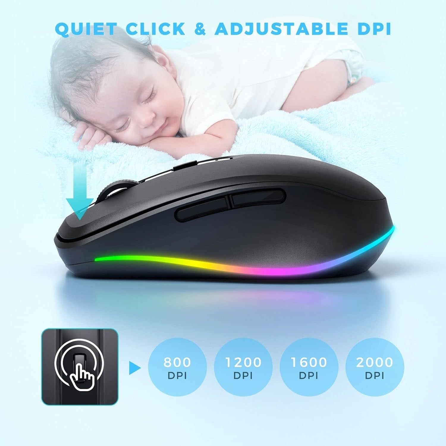 RGB Wireless Mouse Rechargeable Silent USB with Jiggler Mode