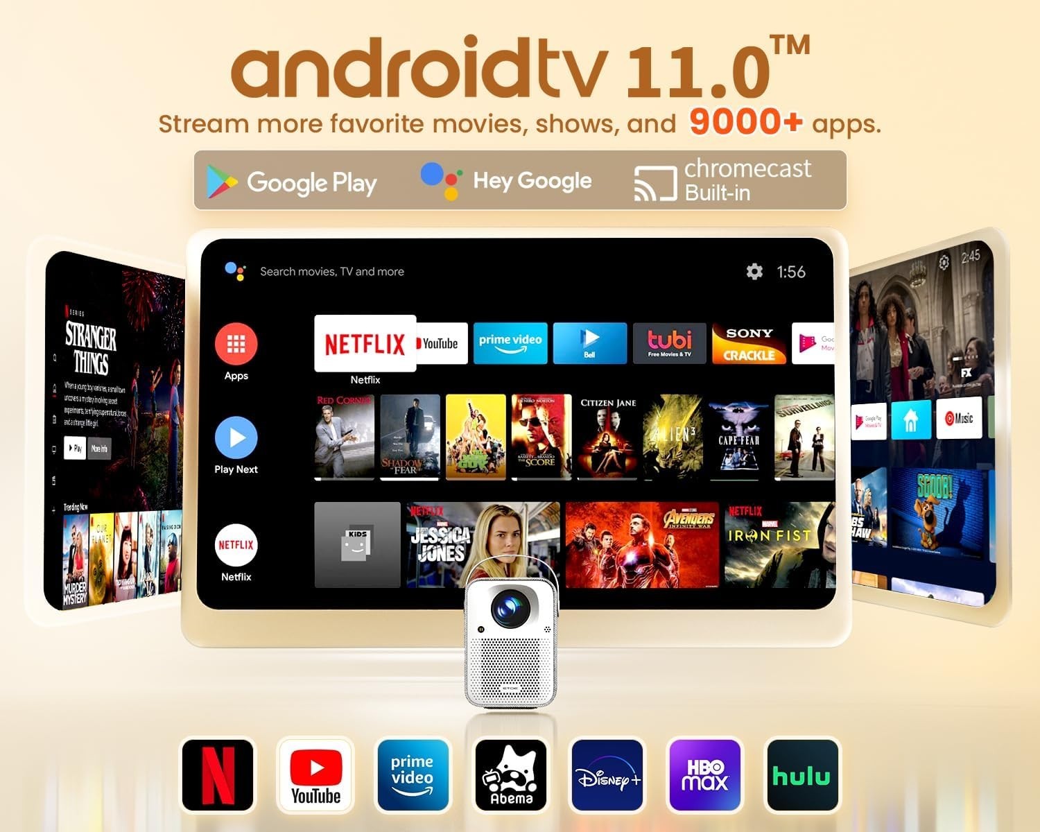 Portable 1080P Smart Projector 500 ANSI Android TV Netflix Dolby