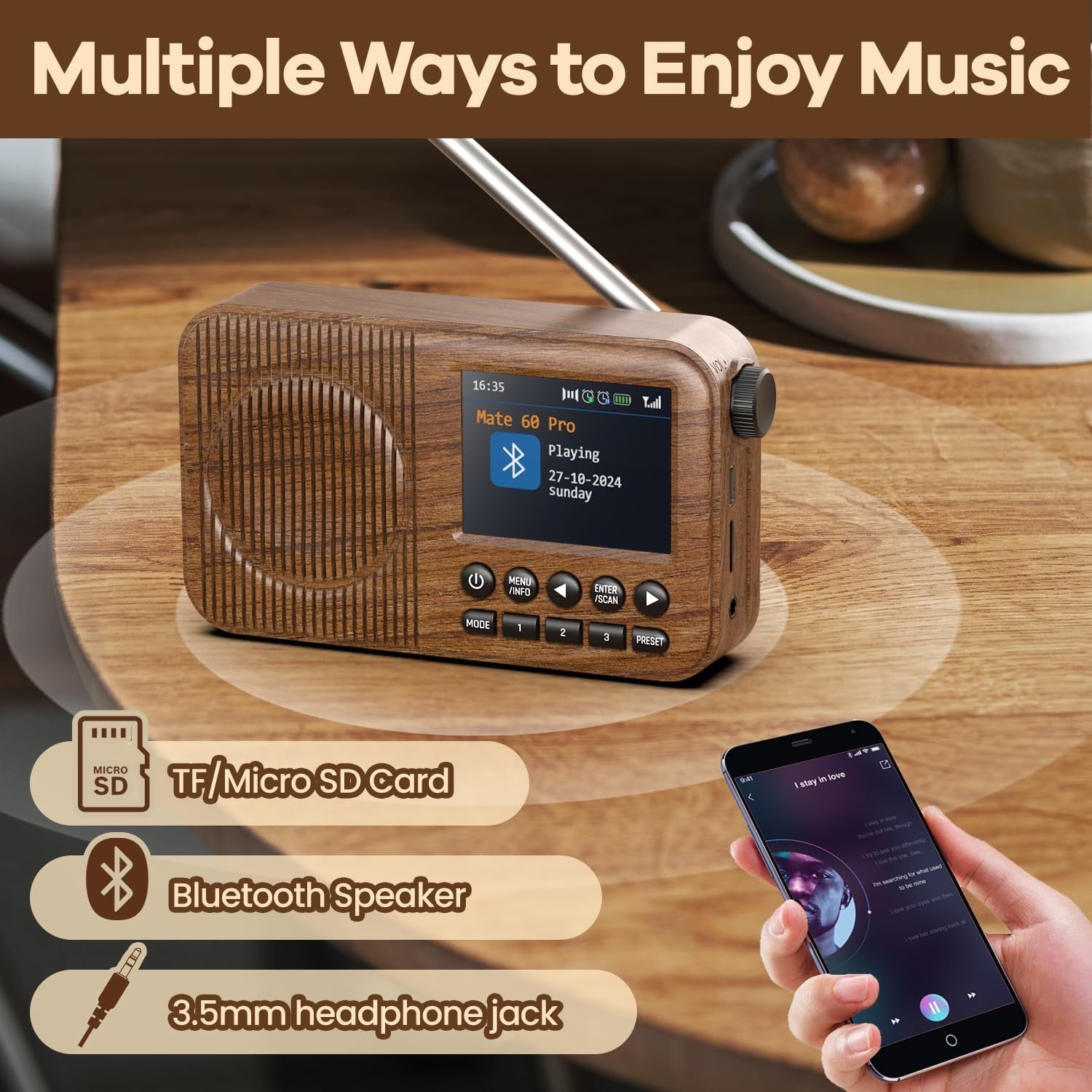 Portable Digital Radio Bluetooth Rechargeable Dual Alarm Colour Display
