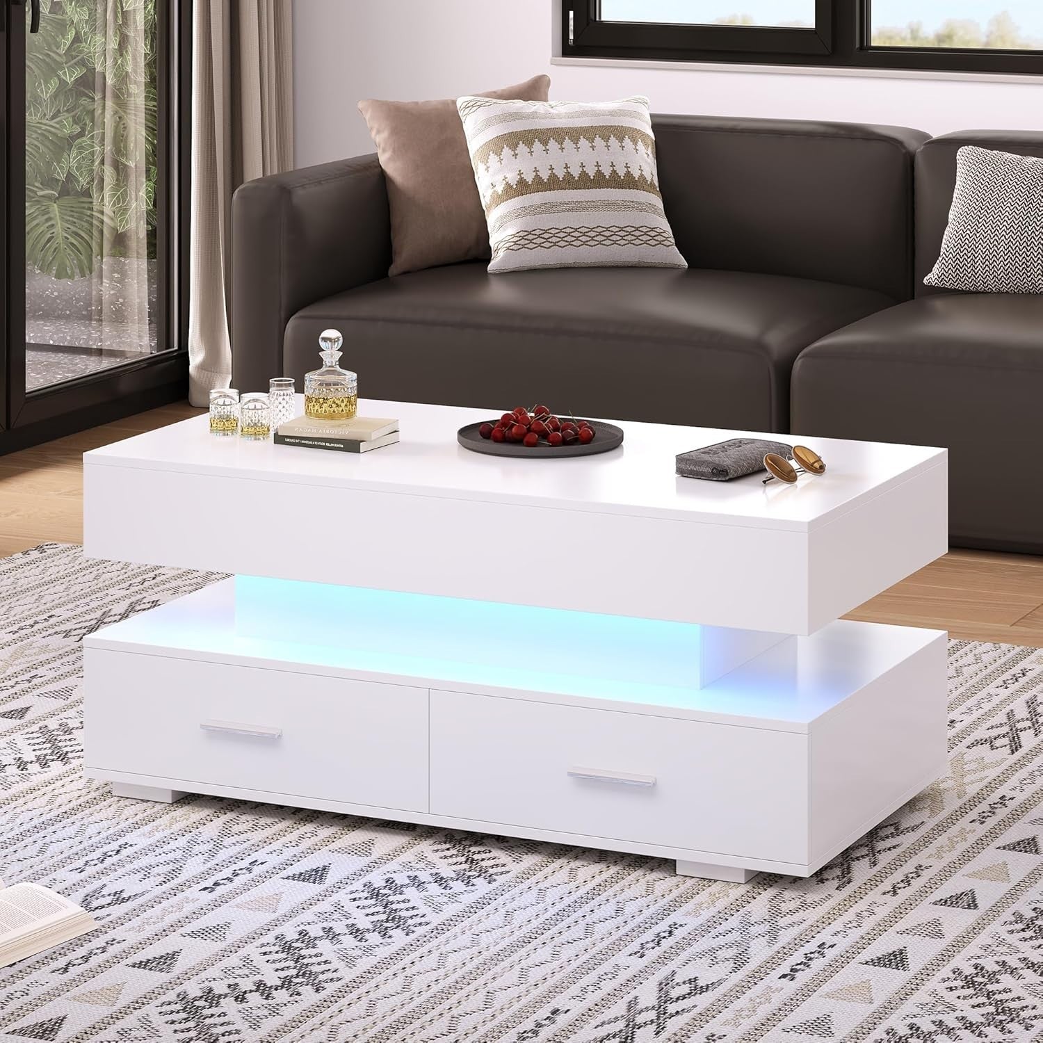 LED Lift Top Coffee Table with Storage Drawers, RGB Lights, Modern White