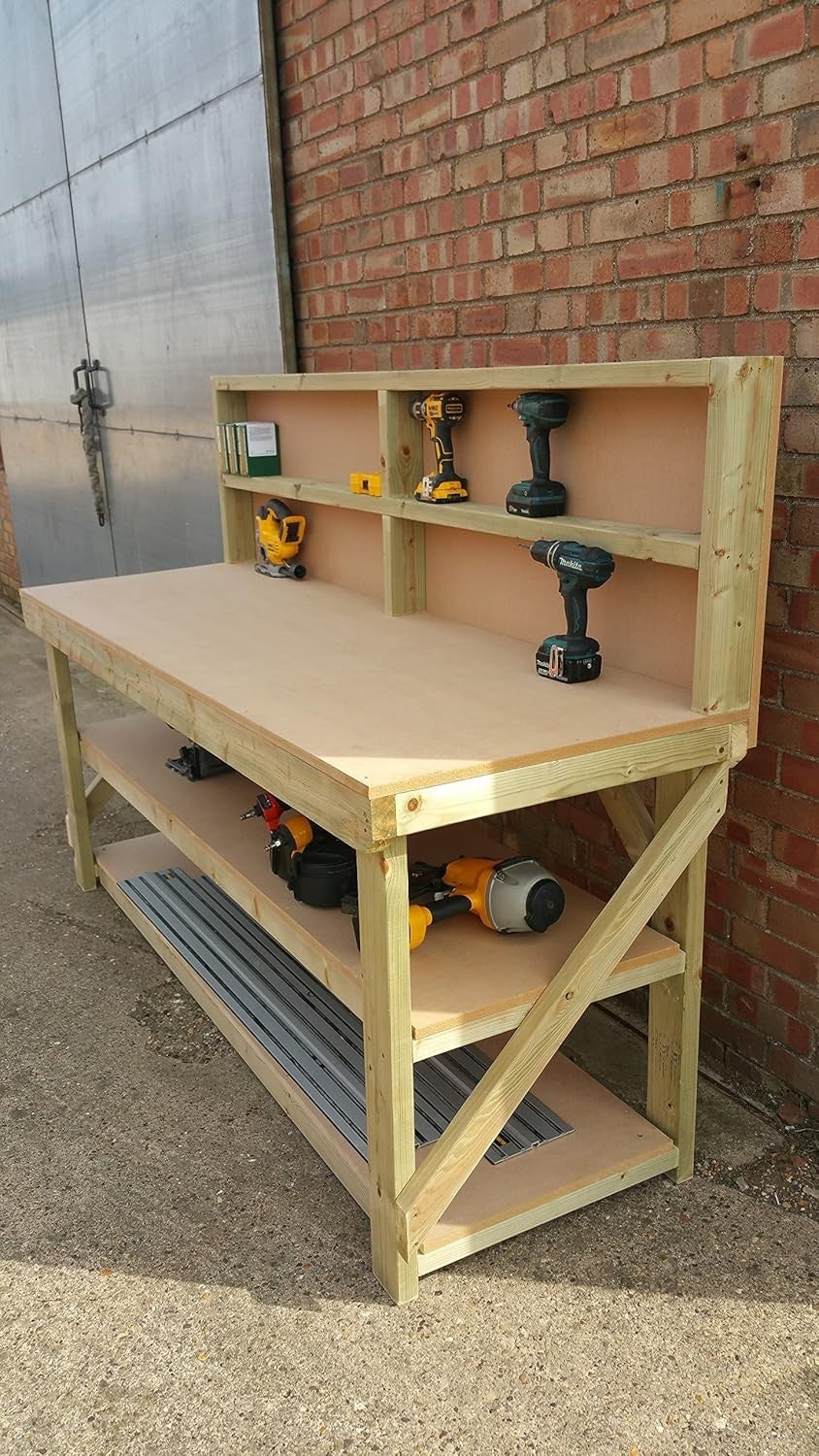 5ft Heavy Duty Wooden Workbench MDF Top Backboard Double Shelf Garage Table