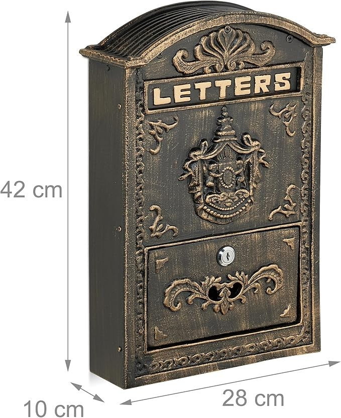 Vintage Wall Mounted Locking Mailbox Bronze Gold A4 Slot 2 Keys 42x28x10cm